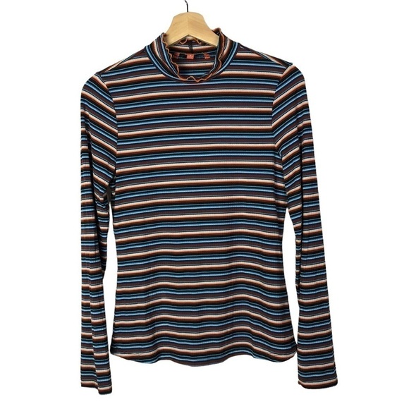 Modcloth Blue & Orange Striped Lettuce Mock Neck Long Sleeve S - Picture 1 of 3